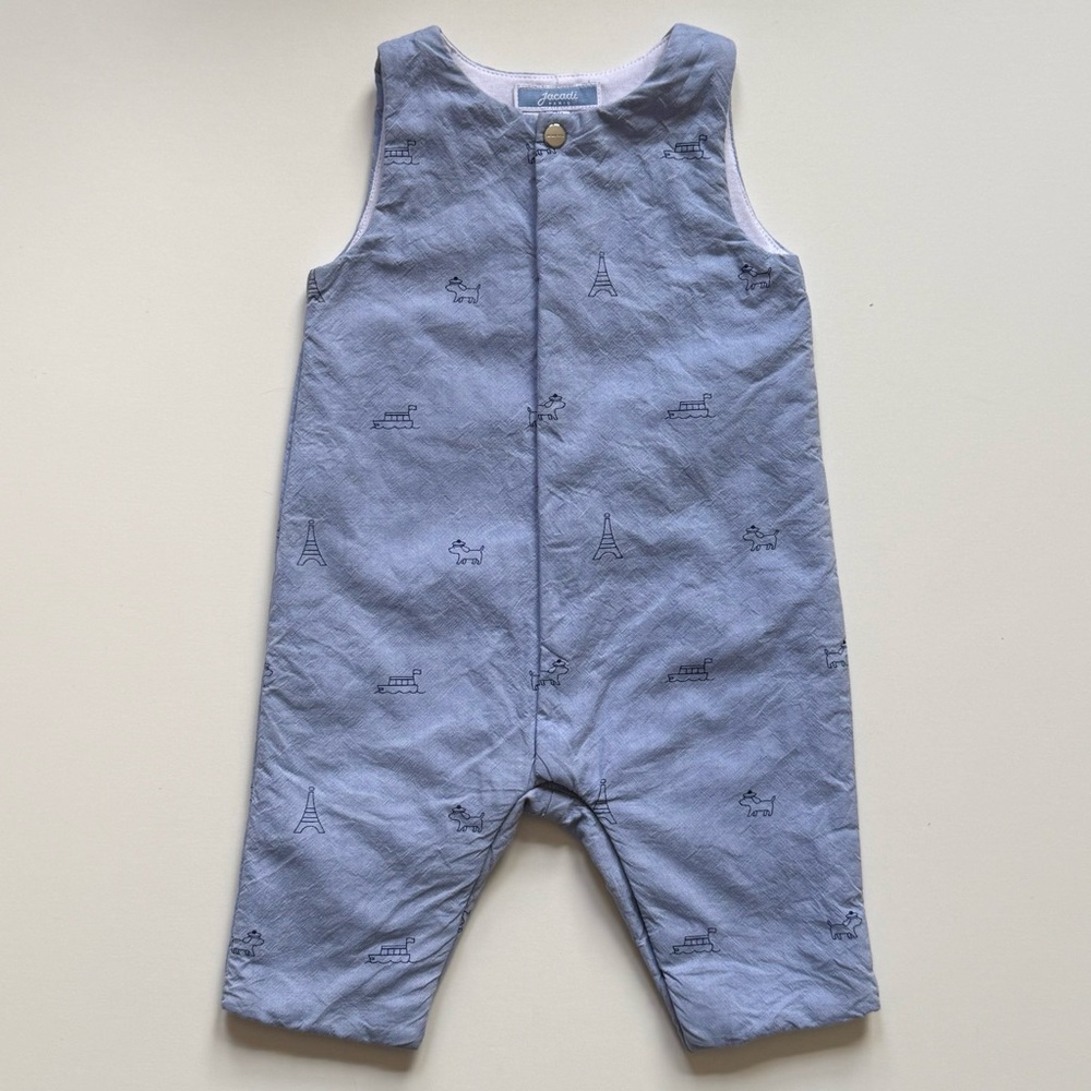 Jacadi Light Blue Sleeveless Romper with Navy Sketches